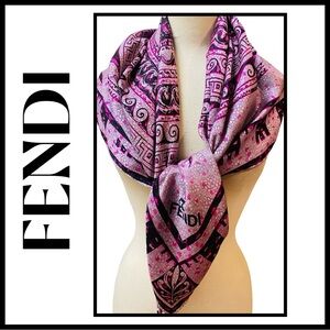 FENDI Vintage Silk Scarf Black Purple Ocean Motif Dolphins Seahorse 35 x 35”